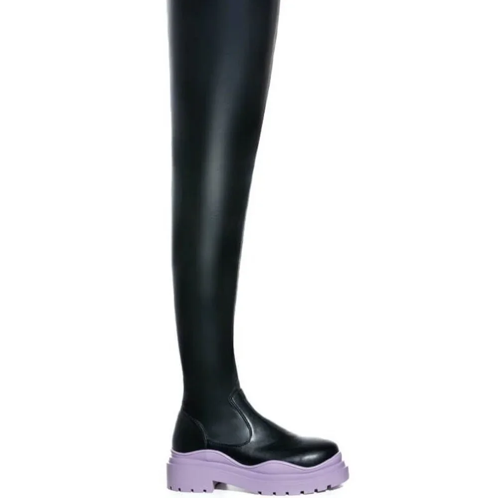 CAN YOU STAND IT ? THIGH HIGH PERIWINKLE FLATFORM  W/ 4 WAY STRETCH BRAND NEW !!
